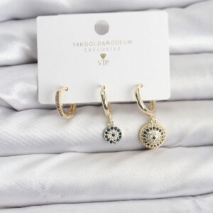 Tegan Nazar Model Gold Renk Pirinç 3'lü Kadın Küpe Seti TG27BKP11441