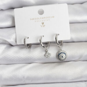 Tegan Nazar Model Gümüş Renk Pirinç 3'lü Kadın Küpe Seti TG27BKP11442