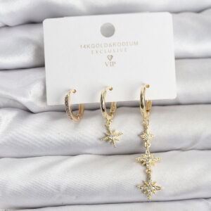 Tegan Kutup Yıldızı Model Gold Renk Pirinç 3'lü Kadın Küpe Seti TG27BKP11443