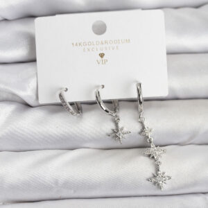 Tegan Kutup Yıldızı Model Gümüş Renk Pirinç 3'lü Kadın Küpe Seti TG27BKP11444