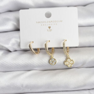 Tegan Pirinç Gold Renk Yonca Model 3'lü Kadın Küpe Seti TG27BKP11445