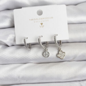 Tegan Pirinç Gümüş Renk Yonca Model 3'lü Kadın Küpe Seti TG27BKP11446