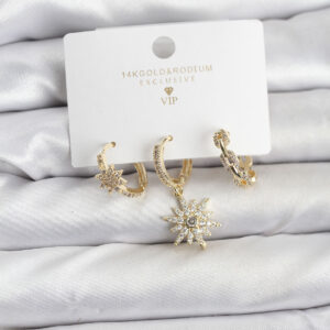 Tegan Pirinç Gold Renk Kutup Yıldızı Model 3'lü Kadın Küpe Seti TG27BKP11447