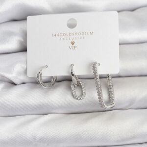 Tegan Gümüş Renk Zirkon Taşlı 3'lü Kadın Küpe Seti TG27BKP11450