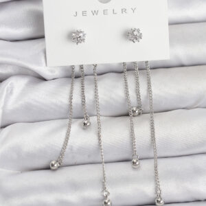 Tegan Topçuk Model Gümüş Renk Pirinç Sallantılı Kadın Küpe Seti TG27BKP11468