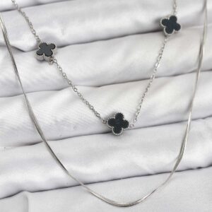 Tegan 316L Çelik Zincir Gümüş Renk İtalyan Zincirli Siyah Yonca Model Kadın Kolye TG27BKO10781