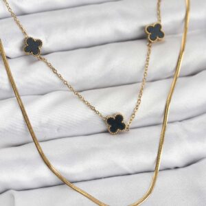 Tegan 316L Çelik Zincir Gold Renk İtalyan Zincirli Siyah Yonca Model Kadın Kolye TG27BKO10782