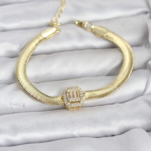 Tegan 316L Çelik Gold Renk Baget Zirkon Taşlı Yılan Zincirli Kadın Bileklik TG27BB8154