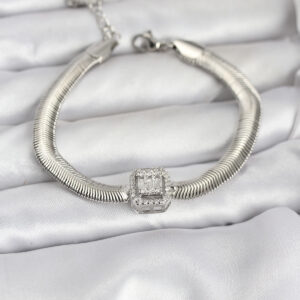 Tegan 316L Çelik Gümüş Renk Baget Zirkon Taşlı Yılan Zincirli Kadın Bileklik TG27BB8155