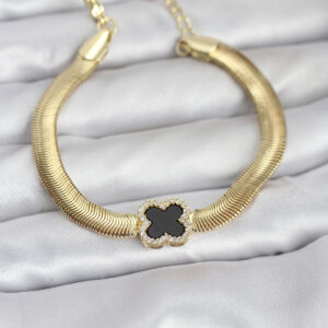 Tegan 316L Çelik Gold Renk Siyah Yonca Model Zirkon Taşlı Yılan Zincirli Kadın Bileklik TG27BB8156