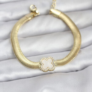 Tegan 316L Çelik Gold Renk Beyaz Yonca Model Zirkon Taşlı Yılan Zincirli Kadın Bileklik TG27BB8157