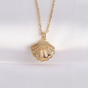 Tegan 316L Çelik Zincir Altın Renk Zirkon Taşlı İnci Detay İstiridye Kolye TG27BKO8601