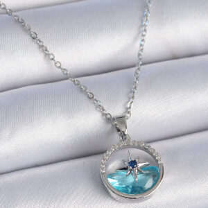 Tegan 316L Çelik Zincir Gümüş Renk Zirkon Taşlı Deniz Görünüm Kutup Yıldızı Kolye TG27BKO9359