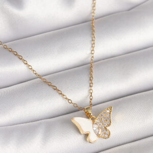 Tegan 316L Çelik Gold Renk Zincir Zirkon Taşlı Beyaz Mineli Kelebek Model Kadın Kolye TG27BKO9940