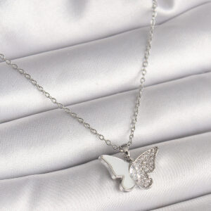 Tegan 316L Çelik Gümüş Renk Zincir Zirkon Taşlı Beyaz Mineli Kelebek Model Kadın Kolye TG27BKO9941