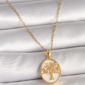 Tegan 316L Çelik Gold Renk Zincir Zirkon Taş Detaylı Beyaz Mineli Ağaç İşlemeli Portre Model Kadın Kolye TG27BKO9982