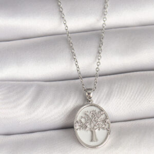 Tegan 316L Çelik Gümüş Renk Zincir Zirkon Taş İşlemeli Beyaz Mineli Ağaç İşlemeli Portre Model Kadın Kolye TG27BKO9983