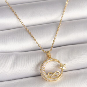 Tegan 316L Çelik Gold Renk Zincir Zirkon Taşlı Ay Yıldız Model Sonsuzluk Detay Kadın Kolye TG27BKO10000