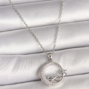 Tegan 316L Çelik Gümüş Renk Zincir Zirkon Taşlı Ay Yıldız Model Sonsuzluk Detay Kadın Kolye TG27BKO10001