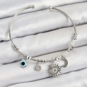 Tegan Pirinç Zirkon Taşlı Güneş Ay Ve Nazar Model Gümüş Renk Charm Bileklik TG27BB7346