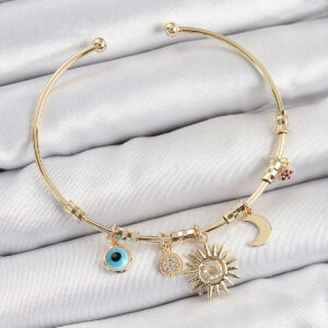 Tegan Pirinç Zirkon Taşlı Güneş Ay Nazar Model Gold Renk Charm Bileklik TG27BB7354