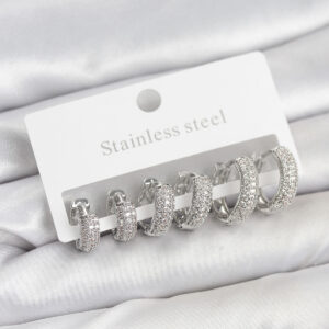 Tegan 316L Çelik Gümüş Renk Zirkon Taşlı Halka Küpe Seti TG27BKP11527