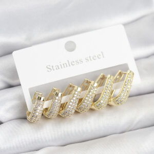 Tegan 316L Çelik Gold Renk Zirkon Taşlı Damla Halka Küpe Seti TG27BKP11524