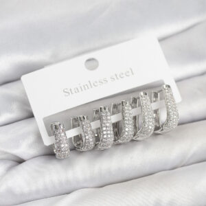 Tegan 316L Çelik Gümüş Renk Zirkon Taşlı Damla Halka Küpe Seti TG27BKP11525