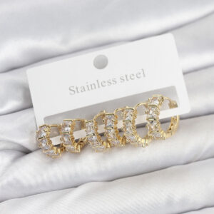 Tegan 316L Çelik Gold Renk Baget Zirkon Taşlı Halka Küpe Seti TG27BKP11528