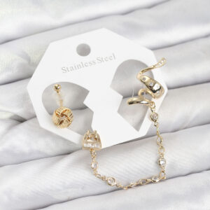 Tegan Pirinç Gold Renk Yılan Model Zincir Bağlantılı Ear Cuff Küpe Seti TG27BKP11532