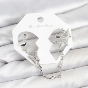 Tegan Pirinç Gümüş Renk Kelebek Model Zincir Bağlantılı Ear Cuff Küpe Seti TG27BKP11535