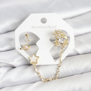 Tegan Pirinç Gold Renk Yıldız Model Zincir Bağlantılı Ear Cuff Küpe Seti TG27BKP11538