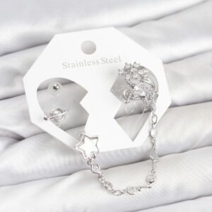 Tegan Pirinç Gümüş Renk Yıldız Model Zincir Bağlantılı Ear Cuff Küpe Seti TG27BKP11539