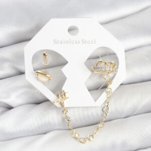 Tegan Pirinç Gold Renk Uzay Model Zincir Bağlantılı Ear Cuff Küpe Seti TG27BKP11542