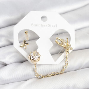 Tegan Pirinç Gold Renk Kelebekli Model Zincir Bağlantılı Ear Cuff Küpe Seti TG27BKP11543