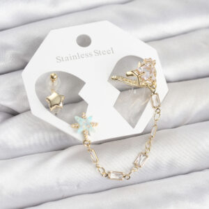 Tegan Yıldız Model Pirinç Gold Renk Zincir Bağlantılı Ear Cuff Küpe Seti TG27BKP11545