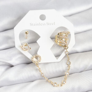 Tegan Uzay Model Pirinç Gold Renk Zincir Bağlantılı Ear Cuff Küpe Seti TG27BKP11546