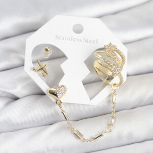 Tegan Kalp Yıldız Model Pirinç Gold Renk Zincir Bağlantılı Ear Cuff Küpe Seti TG27BKP11547