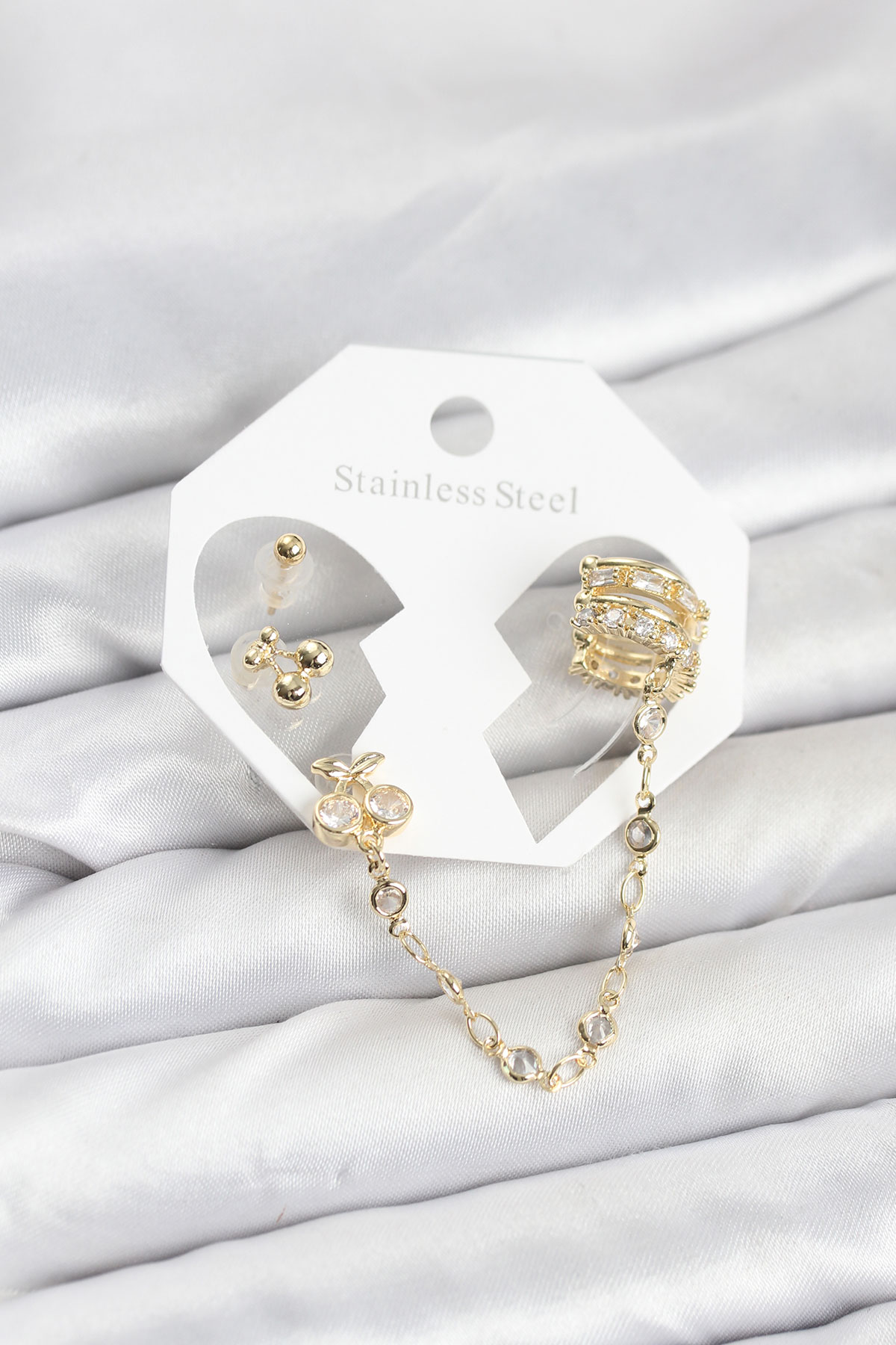 Tegan Kiraz Model Pirinç Gold Renk Zincir Bağlantılı Ear Cuff Küpe Seti TG27BKP11549 - Görsel 1