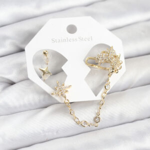Tegan Kutup Yıldızı Model Pirinç Gold Renk Zincir Bağlantılı Ear Cuff Küpe Seti TG27BKP11550