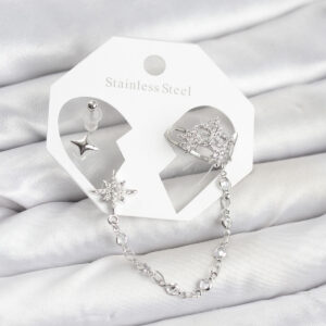 Tegan Kutup Yıldızı Model Pirinç Gümüş Renk Zincir Bağlantılı Ear Cuff Küpe Seti TG27BKP11551