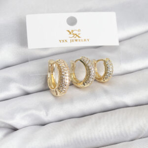 Tegan Pirinç Gold Renk Zirkon Taşlı Halka Model YSX Trio Küpe Seti TG27BKP11570