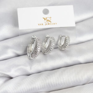 Tegan Pirinç Gümüş Renk Zirkon Taşlı Halka Model YSX Trio Küpe Seti TG27BKP11571