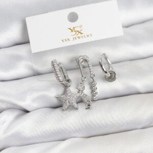 Tegan Pirinç Gümüş Renk Zirkon Taşlı Yıldız Vintage Model YSX Trio Küpe Seti TG27BKP11563
