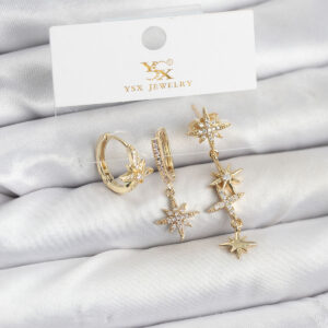 Tegan Pirinç Gold Renk Zirkon Taşlı Kutup Yıldızı Model YSX Trio Küpe Seti TG27BKP11564