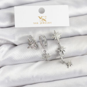 Tegan Pirinç Gümüş Renk Zirkon Taşlı Kutup Yıldızı Model YSX Trio Küpe Seti TG27BKP11565