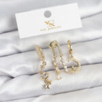 Tegan Pirinç Gold Renk Zirkon Taşlı Uzay Model YSX Trio Küpe Seti TG27BKP11568