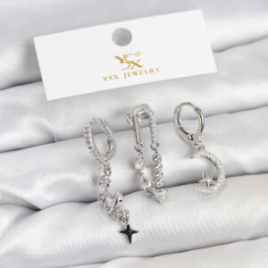 Tegan Pirinç Gümüş Renk Zirkon Taşlı Uzay Model YSX Trio Küpe Seti TG27BKP11569