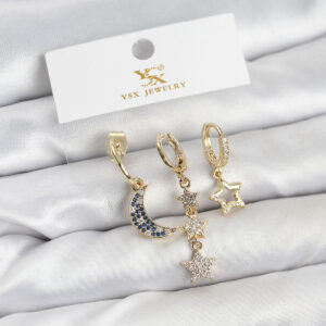 Tegan Pirinç Gold Renk Zirkon Taşlı Ay ve Yıldız Model YSX Trio Küpe Seti TG27BKP11574