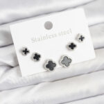 Tegan 316L Çelik Gümüş Renk Zirkon Taşlı Yonca Model Kadın Küpe Seti TG27BKP11587